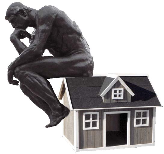Rodin's The Thinker seated on a small house