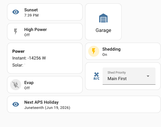 The first Home Assistant dashboard showing solar power, high-power status, shedding status, evaporative cooler control, garage control, shed priority, and the next APS holiday.