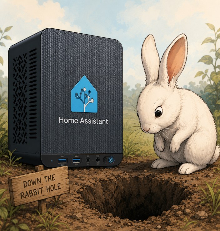 A stylized Home Assistant computer with a white rabbit looking into a freshly dug rabbit hole.